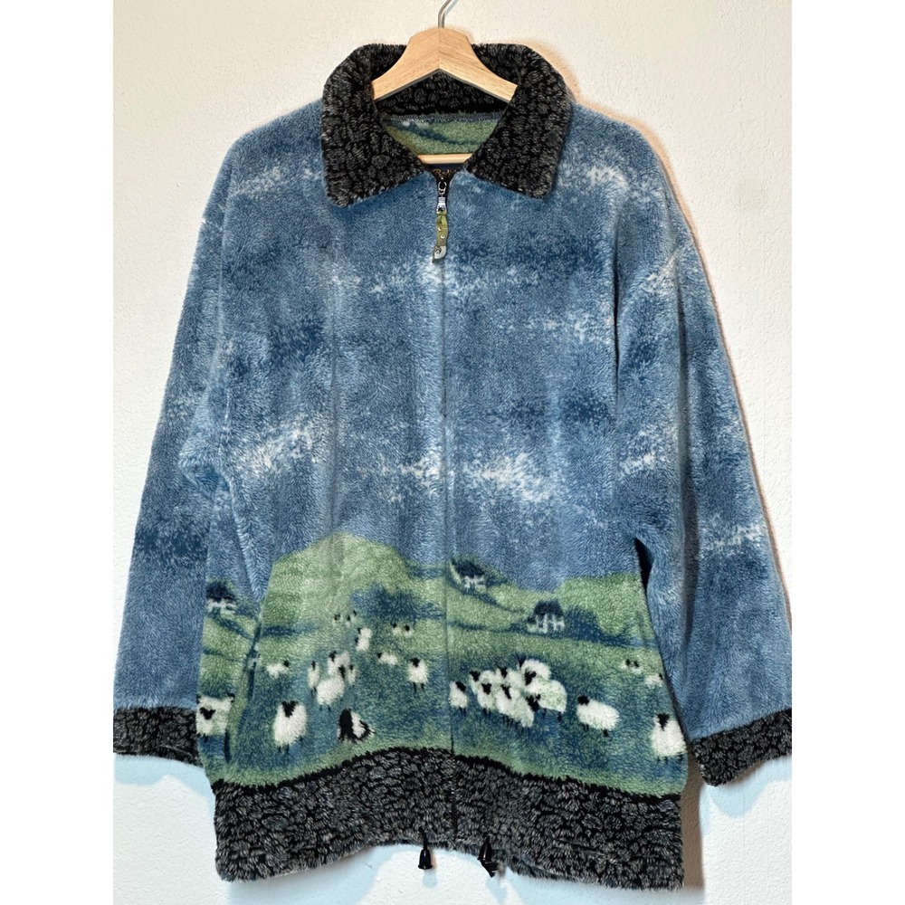 Vintage Sheep Landscape Fleece Jacket Blue Full Zip Large Cottagecore Cozy